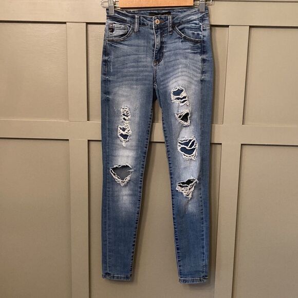 KANCAN Signature Mid-Rise Ankle Skinny Jeans Distressed Destroyed Busted Knee 24 - Picture 1 of 10